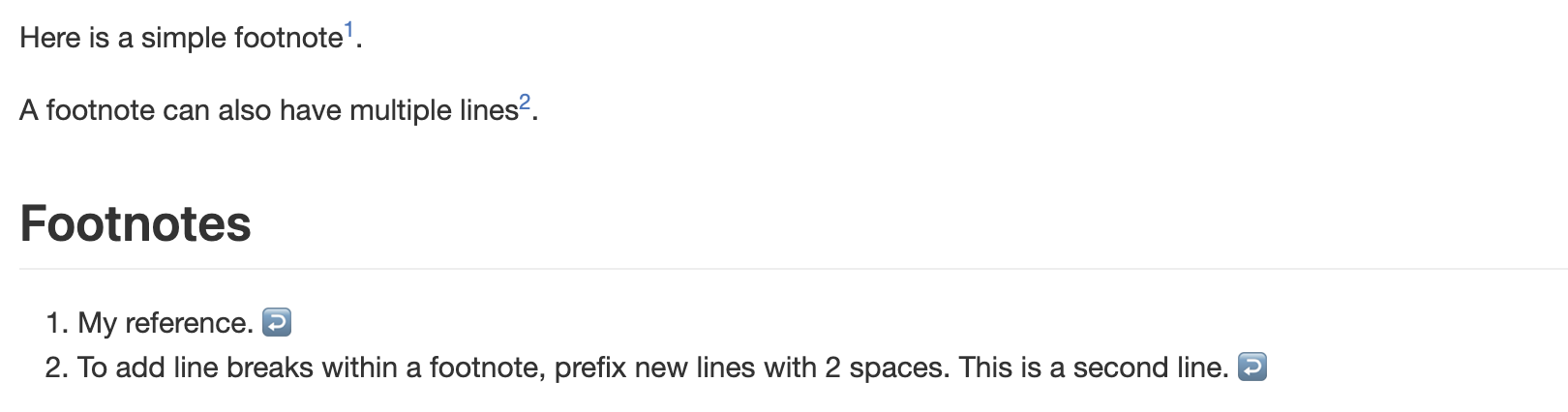 Screenshot of rendered Markdown showing superscript numbers used to indicate footnotes, along with optional line breaks inside a note.